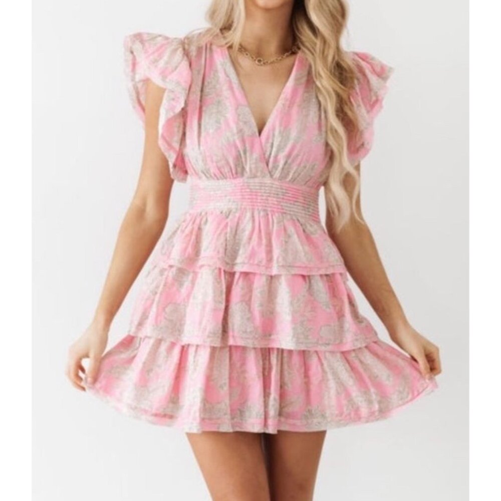 Olivaceous mini dress coquette Tiered Cottage linen pink flounce flutter sleeve